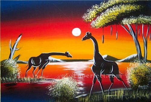  giraffes under moon Landscape Oil Paintings